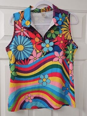 Multicolor Floral Rainbow Zip-Front Sleeveless Tank Top
